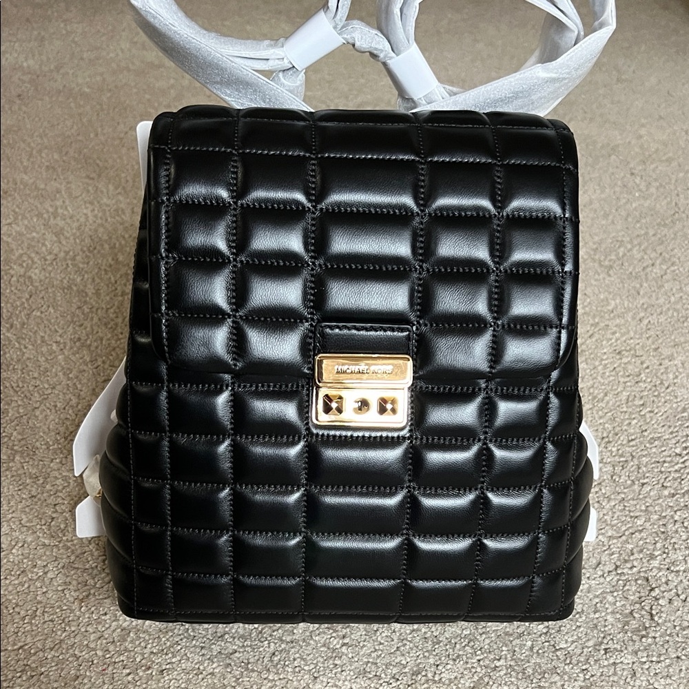 Michael Kors Tribeca Black Quilted Leather Backpack with Gold Hardware